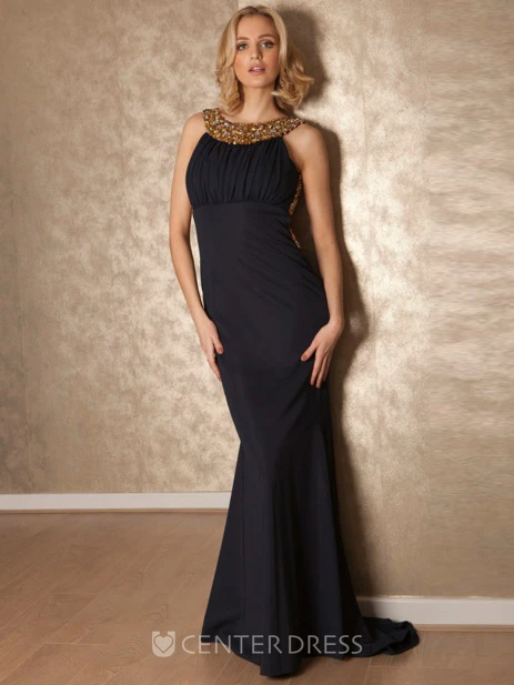 Scoop Maxi Beaded Chiffon Prom Dress With Sweep Train And Straps