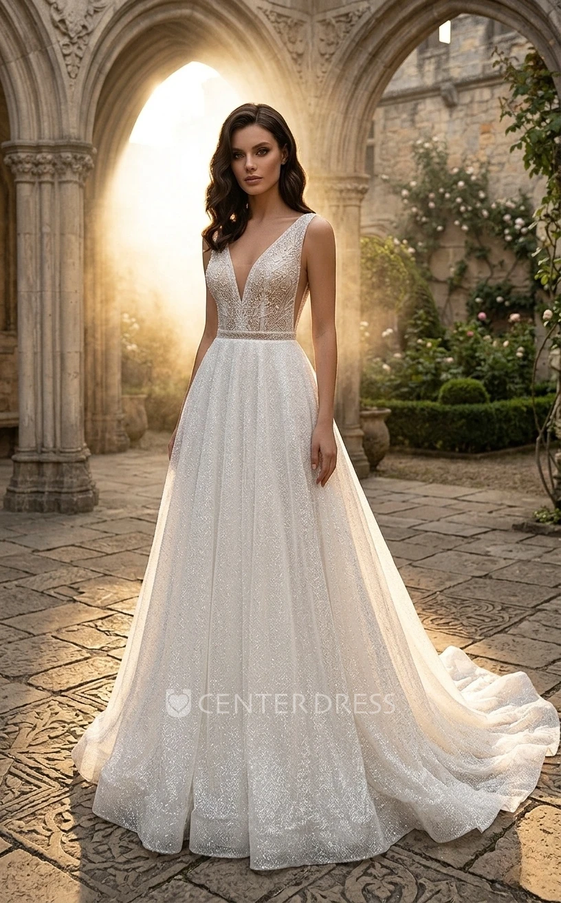 Sparkly Beach A-Line Wedding Dress Sleeveless Deep-V Neckline Informal Gown
