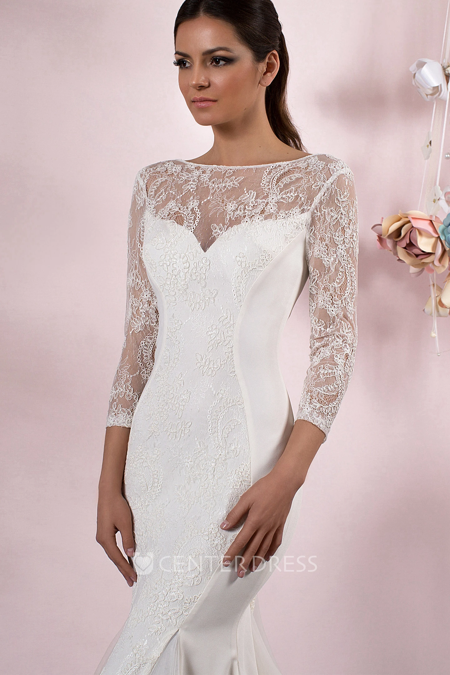 Mermaid 3-4 Sleeve Lace Bateau Neck Tulle Wedding Dress With Brush Train