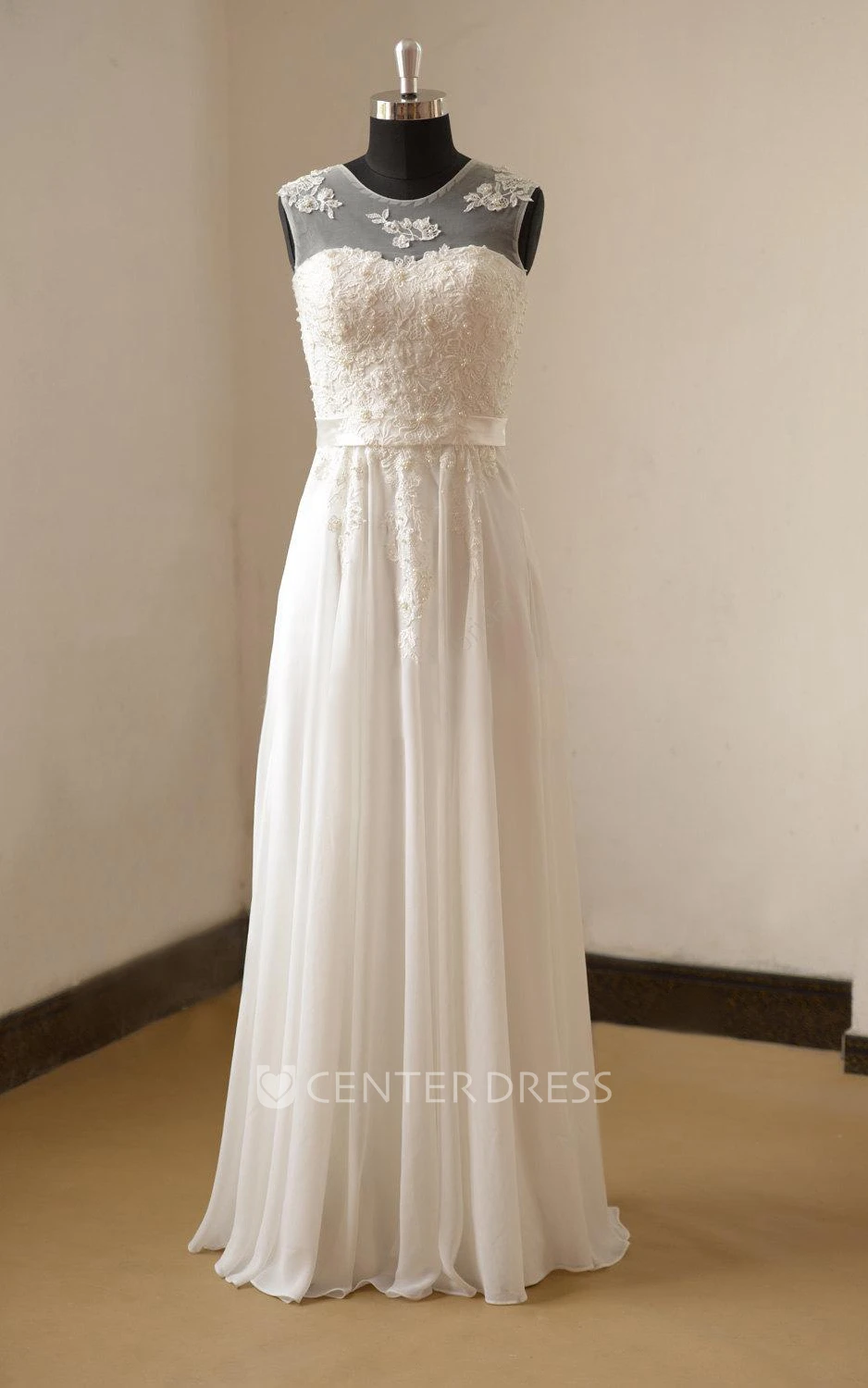 Jewel Neck Chiffon and Lace Bridal Gown With Pearls and Pleats