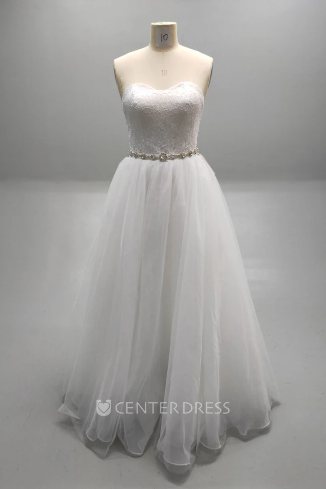Sweetheart Pleated Tulle Ball Gown With Beaded Waistline and Lace Bodice