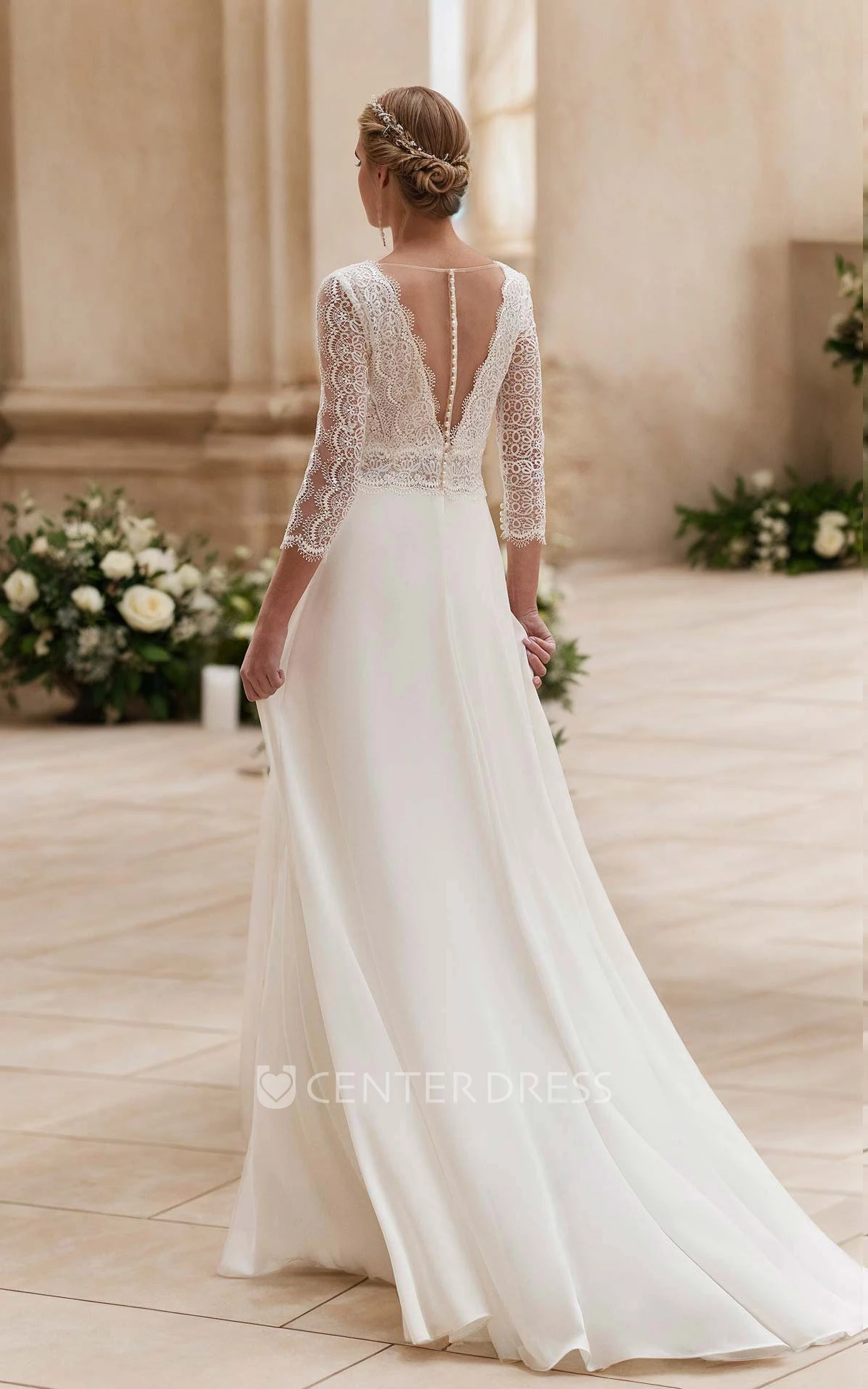 Vintage Romantic Jumpsuit A-Line Plunging Neckline Chiffon Lace Spring Wedding Dress Elegant Garden Long Sleeve Floor-length Button Illusion Back Bridal Gown