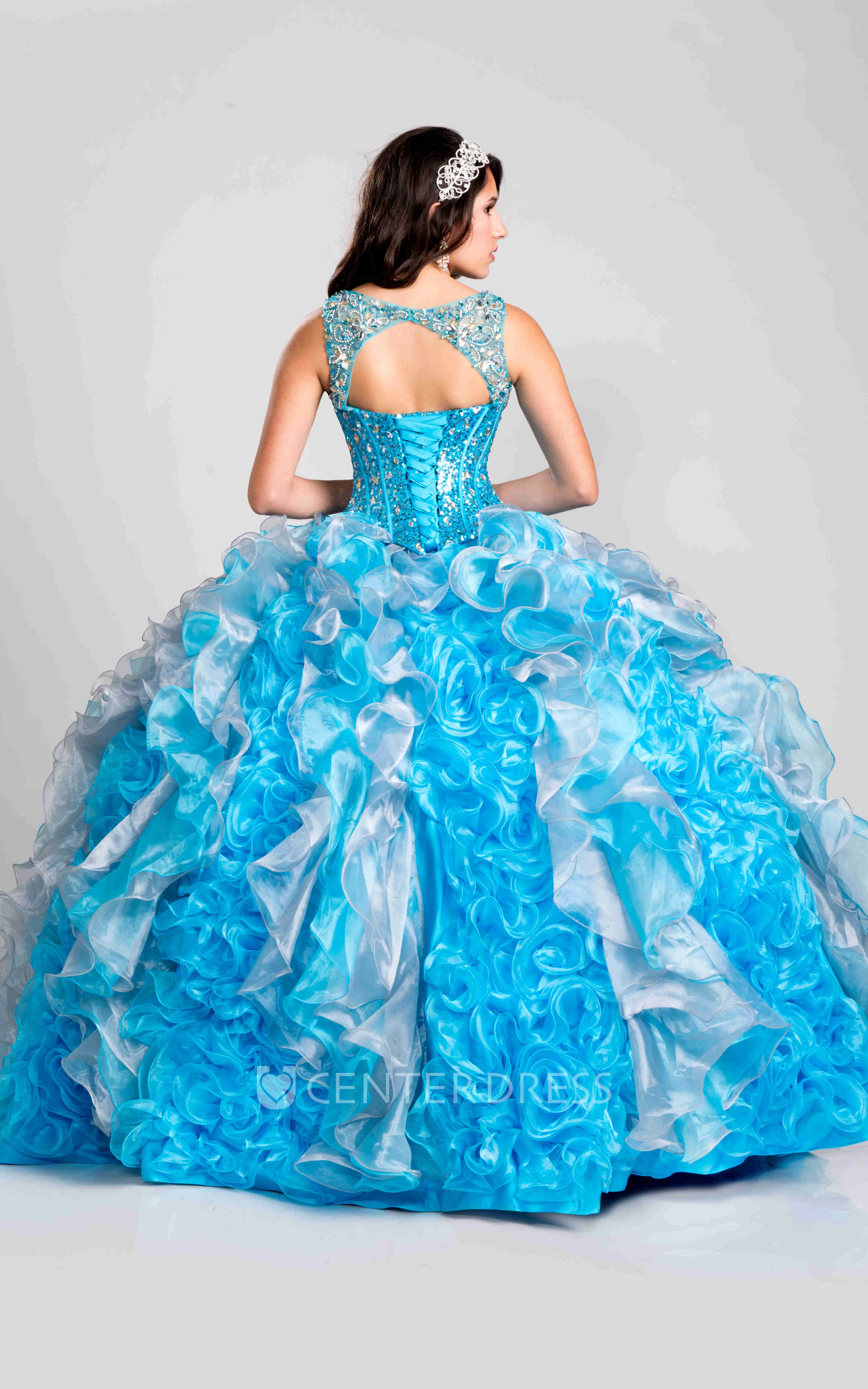 Keyhole Back Sequined Bodice Ball Gown With Cascading Ruffles