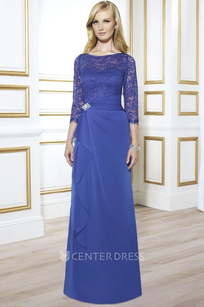 3-4 Sleeve Lace Bateau Neck Chiffon Formal Dress With Broach And Draping