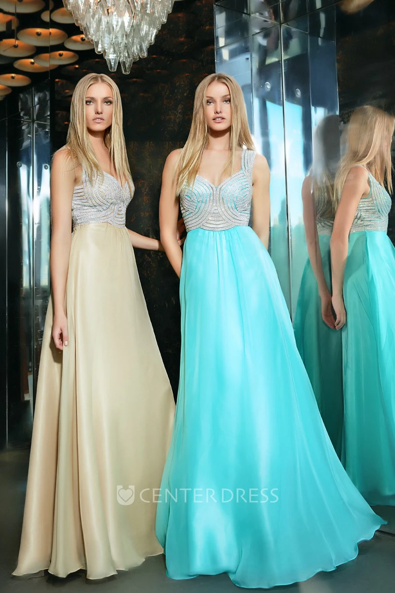 Strapped Sleeveless Beaded Chiffon Prom Dress With Illusion Back