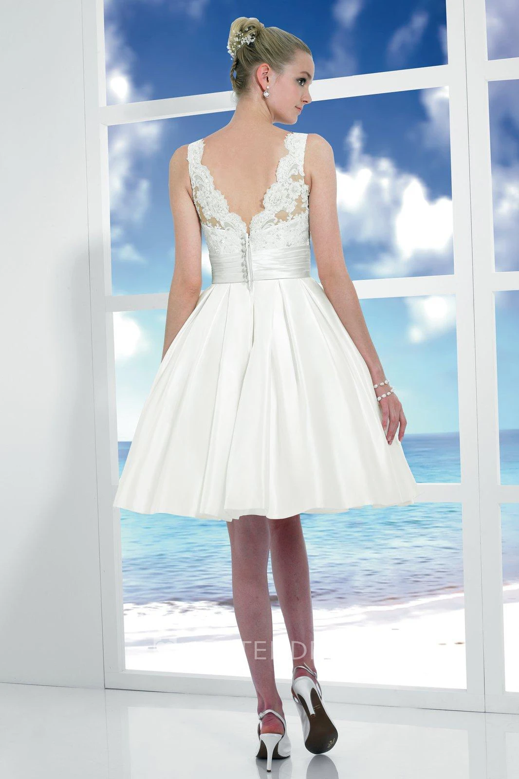 Midi Scoop Appliqued Satin Wedding Dress With Bow And V Back