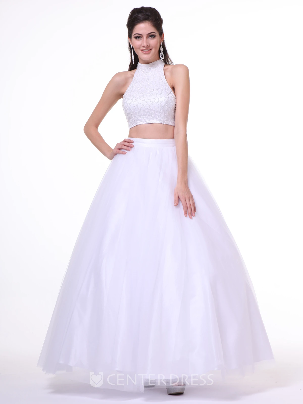 A-Line Ankle-Length High Neck Sleeveless Satin Keyhole Dress With Beading