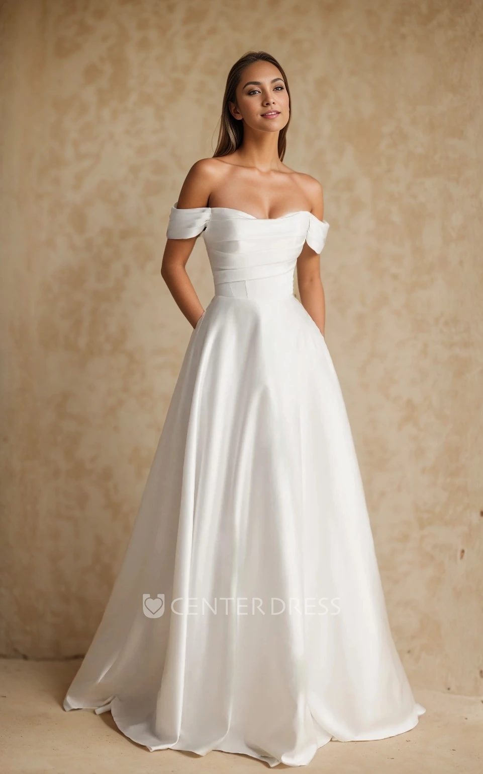 Classic Simple A-Line Off the Shoulder Wedding Dress Summer Modest Asymmetrical Drapery Long Train Bridal Gown