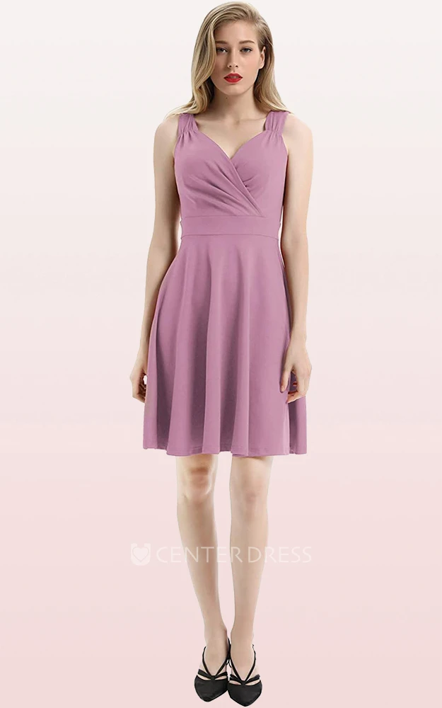 Casual Sleeveless A Line Jersey V-neck Prom Cocktail Dress With Ruffles
