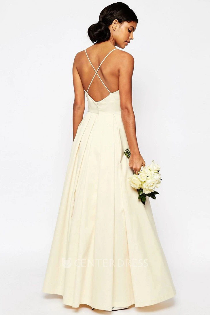 A-Line Long Spaghetti Sleeveless Wedding Dress