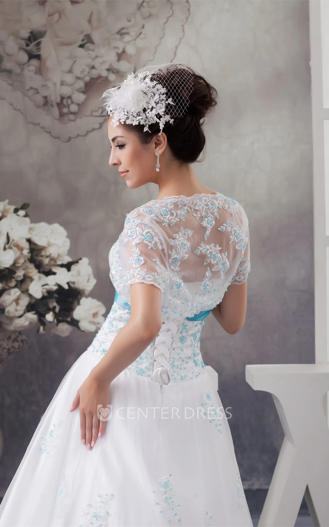 A-Line Strapless Tulle Lace Wedding Dress with Appliques and Lace Bolero