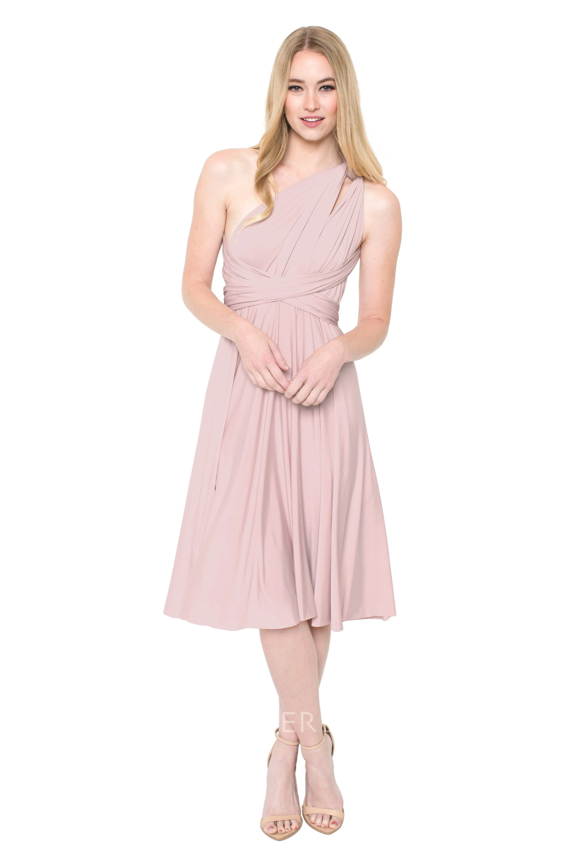 Tea-Length Sleeveless One-Shoulder Ruched Chiffon Muti-Color Convertible Bridesmaid Dress