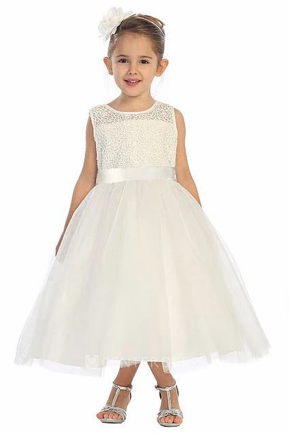 Tea-Length Illusion Bell-Sleeve Beaded Tulle&Lace Flower Girl Dress