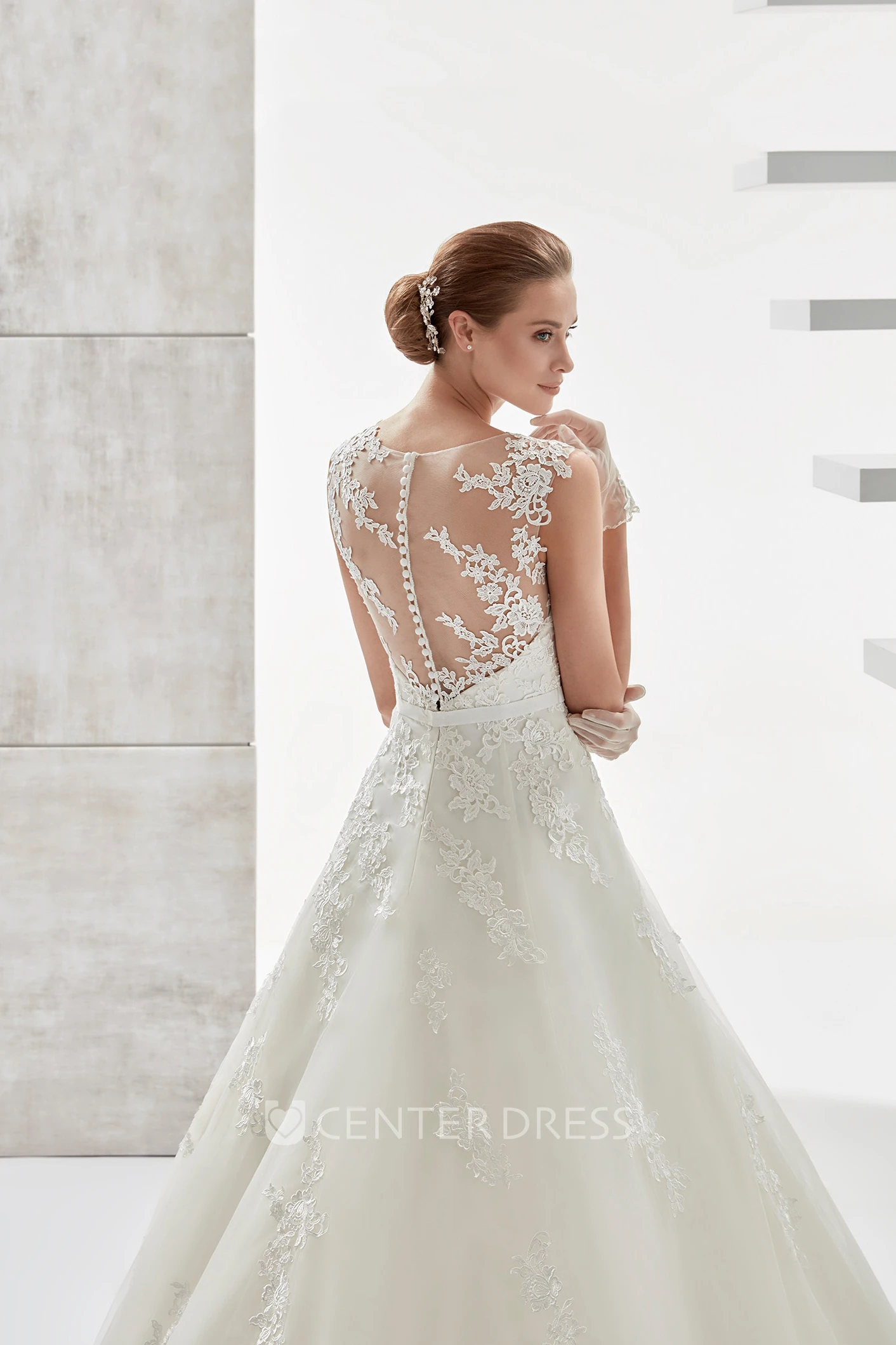 Jewel-neck A-line Warm Wedding Dress With Beaded Belt and Illusive Design