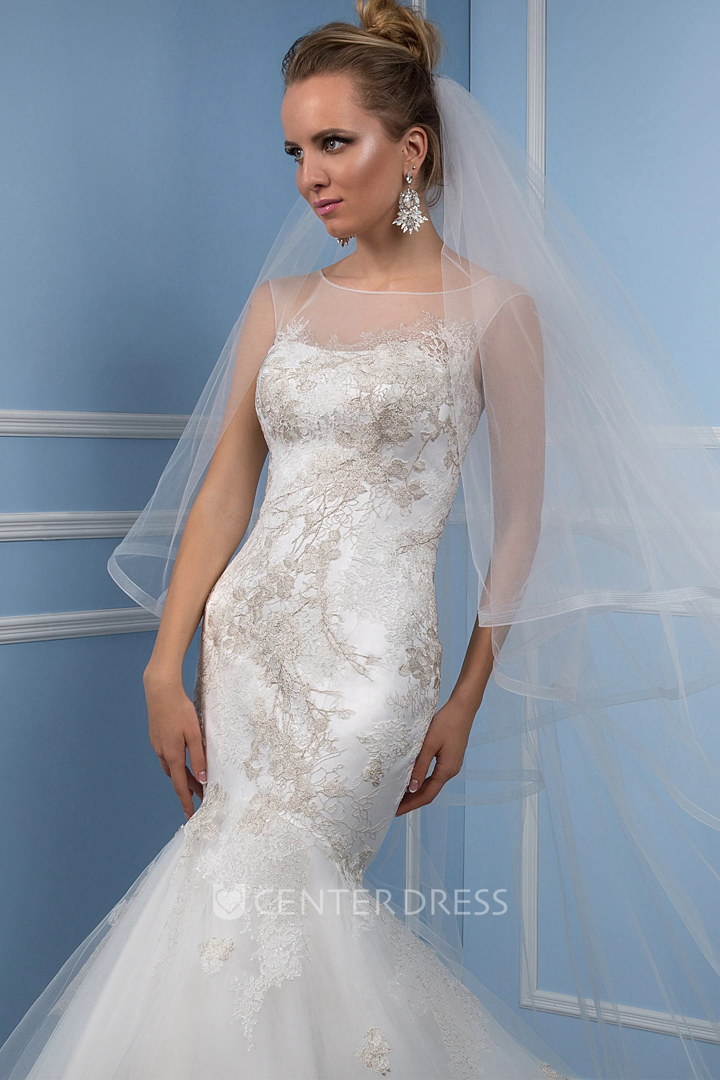 Trumpet Bateau Sleeveless Floor-Length Appliqued Tulle Wedding Dress With Illusion Back And Ruffles