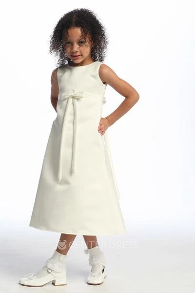 Ankle-Length Sleeveless Bowed Satin Flower Girl Dress