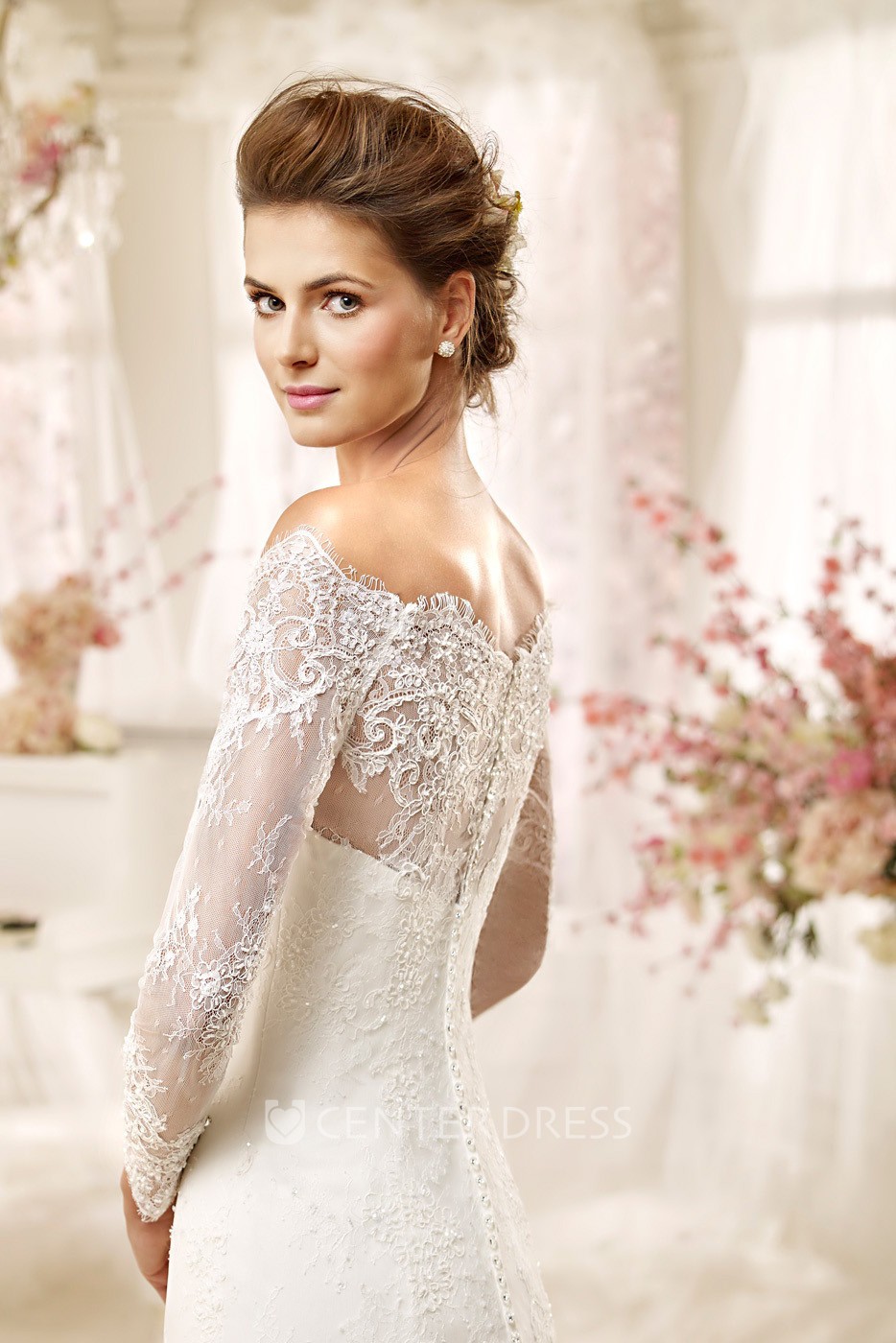 Off the shoulder hotsell lace sheath wedding dress