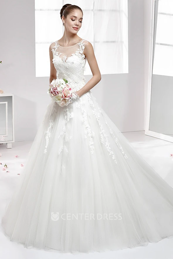 Jewel-Neck Lace Appliqued A-Line Gown With Illusive Neckline And Brush Train