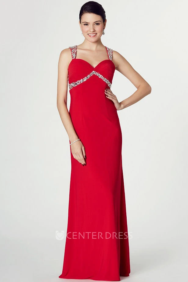 Floor-Length Sleeveless Beaded Strapped Jersey Prom Dress With Keyhole