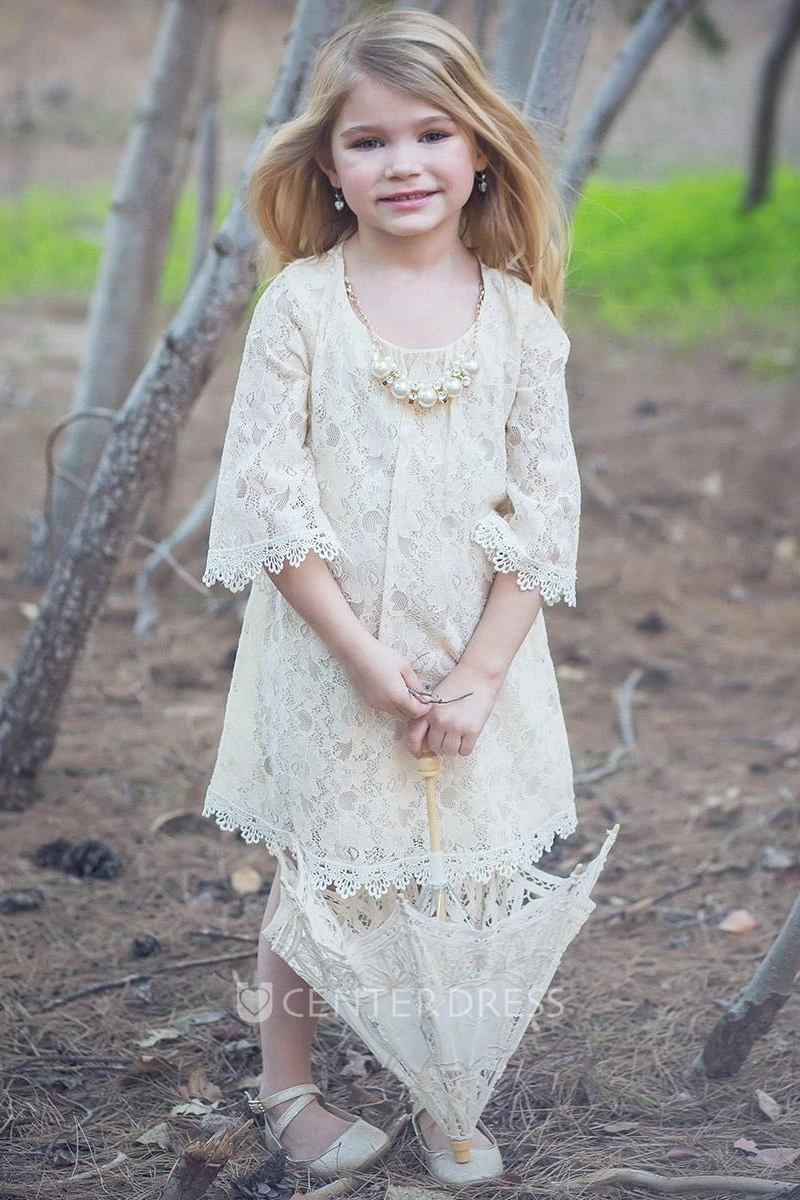 Tea-Length Scalloped Beaded Lace Flower Girl Dress