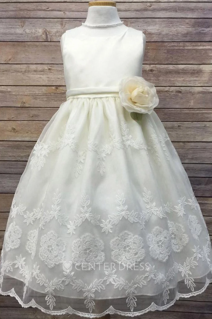 Floral Tea-Length Tiered Organza&Satin Flower Girl Dress With Embroidery