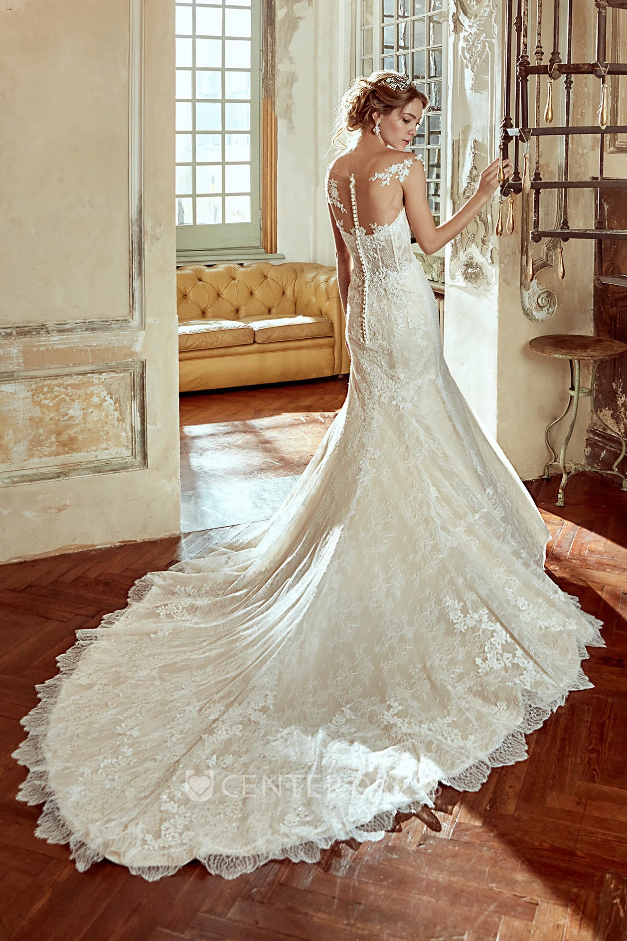 Cap-Sleeve Lace Wedding Dress with Scalloped Train Rim and Appliques