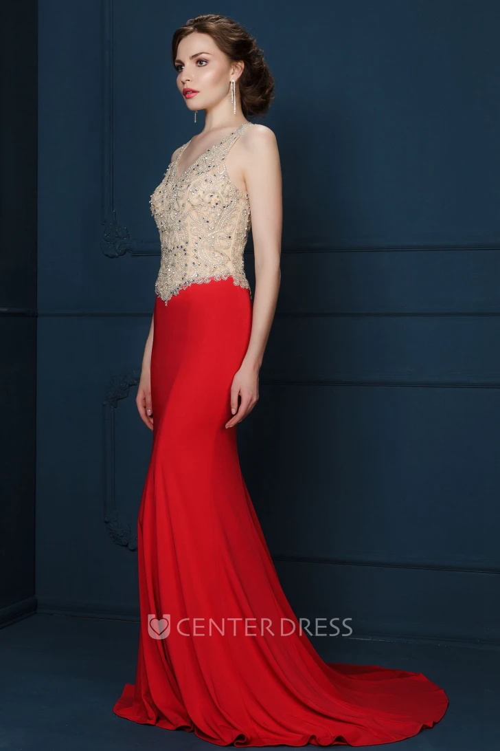Sheath Beaded V-Neck Sleeveless Floor-Length Jersey Evening Dress