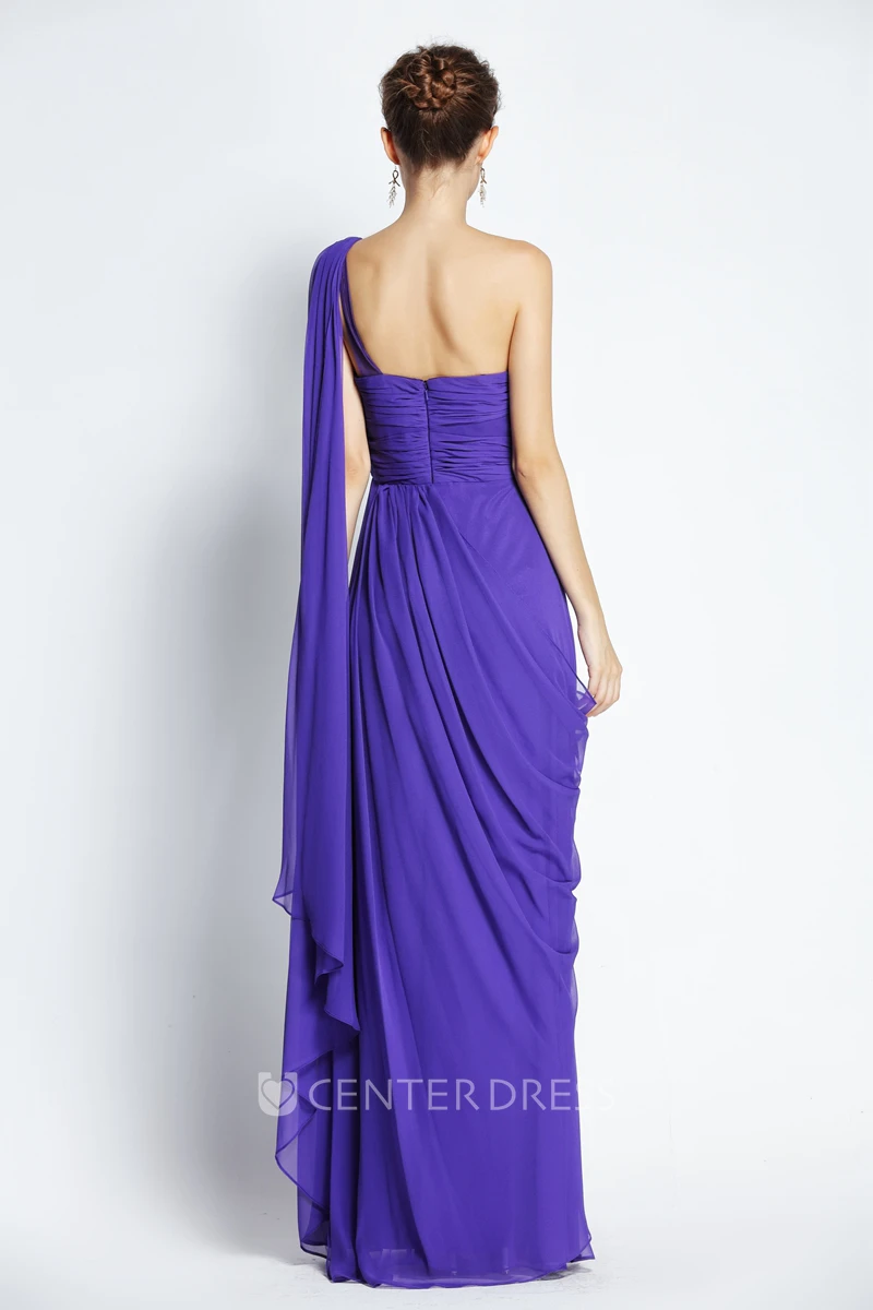 Floor-length Sleeveless A-Line One-shoulder Chiffon Prom Dress with Beading and Draping