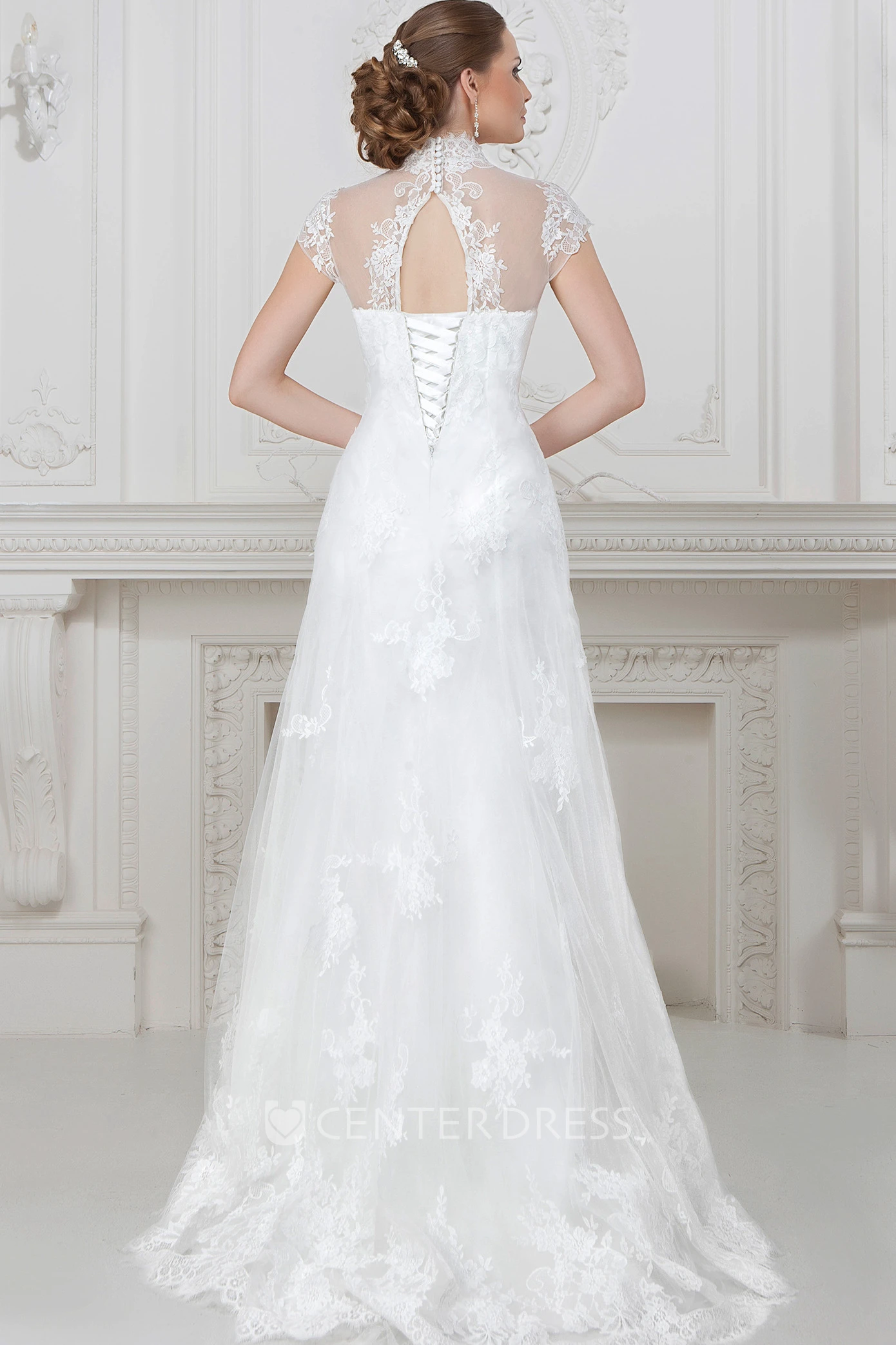 A-Line Cap-Sleeve Maxi High Neck Lace Wedding Dress With Corset Back