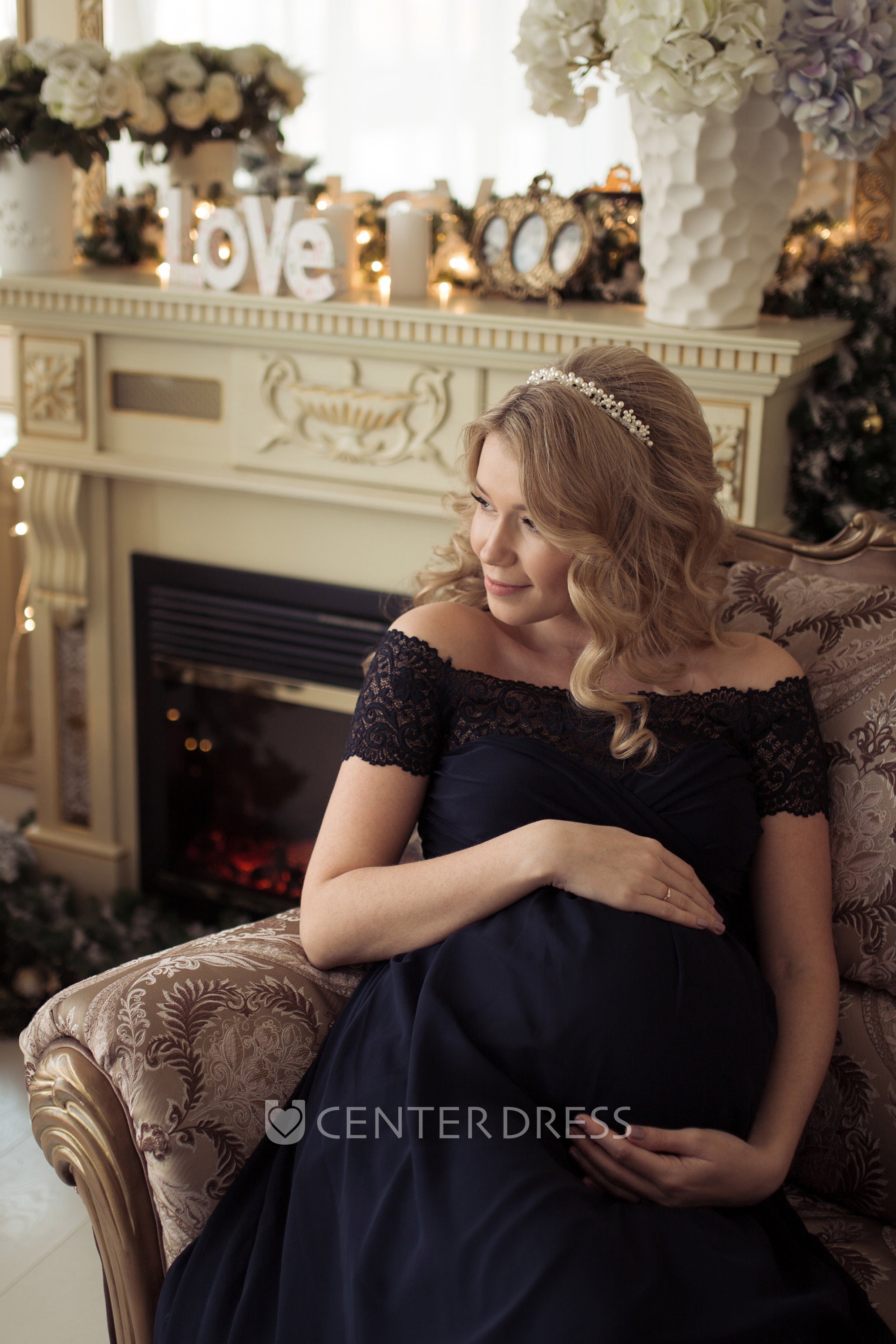 Gold lace maternity clearance dress