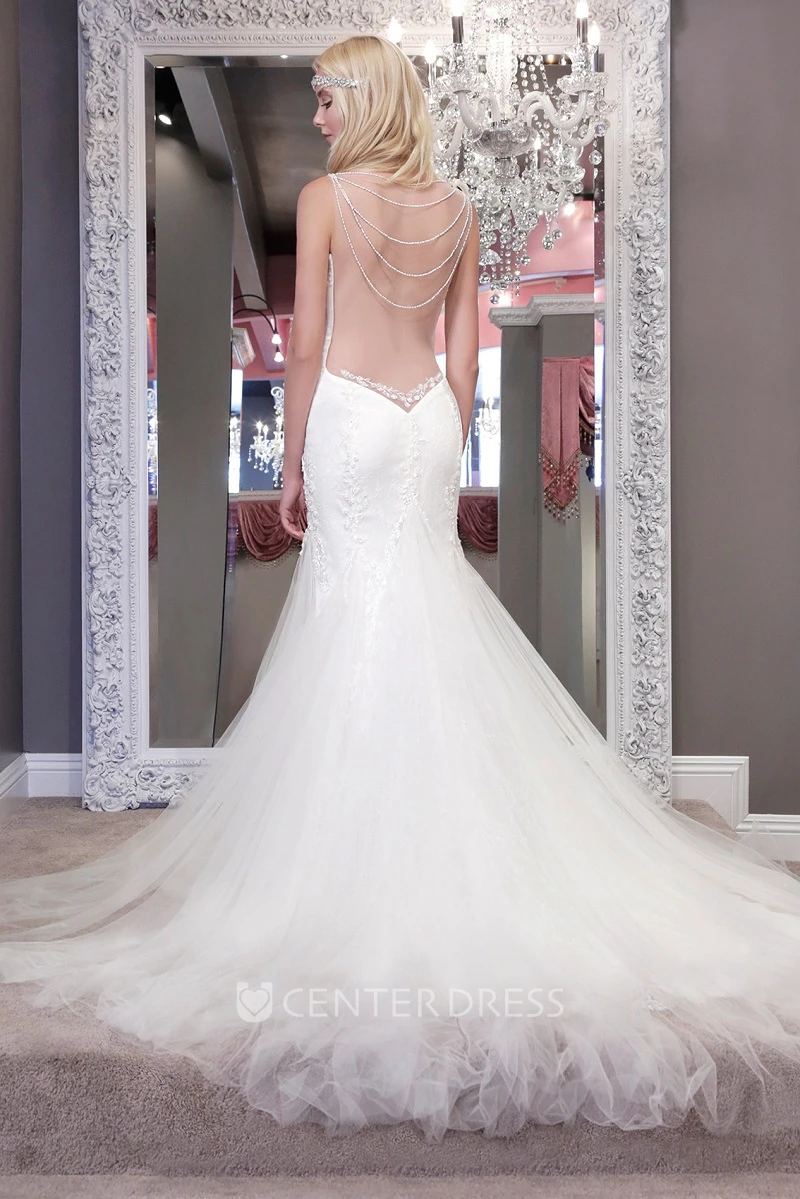 Mermaid Maxi Sleeveless Spaghetti Beaded Tulle Wedding Dress With Backless Style And Lace