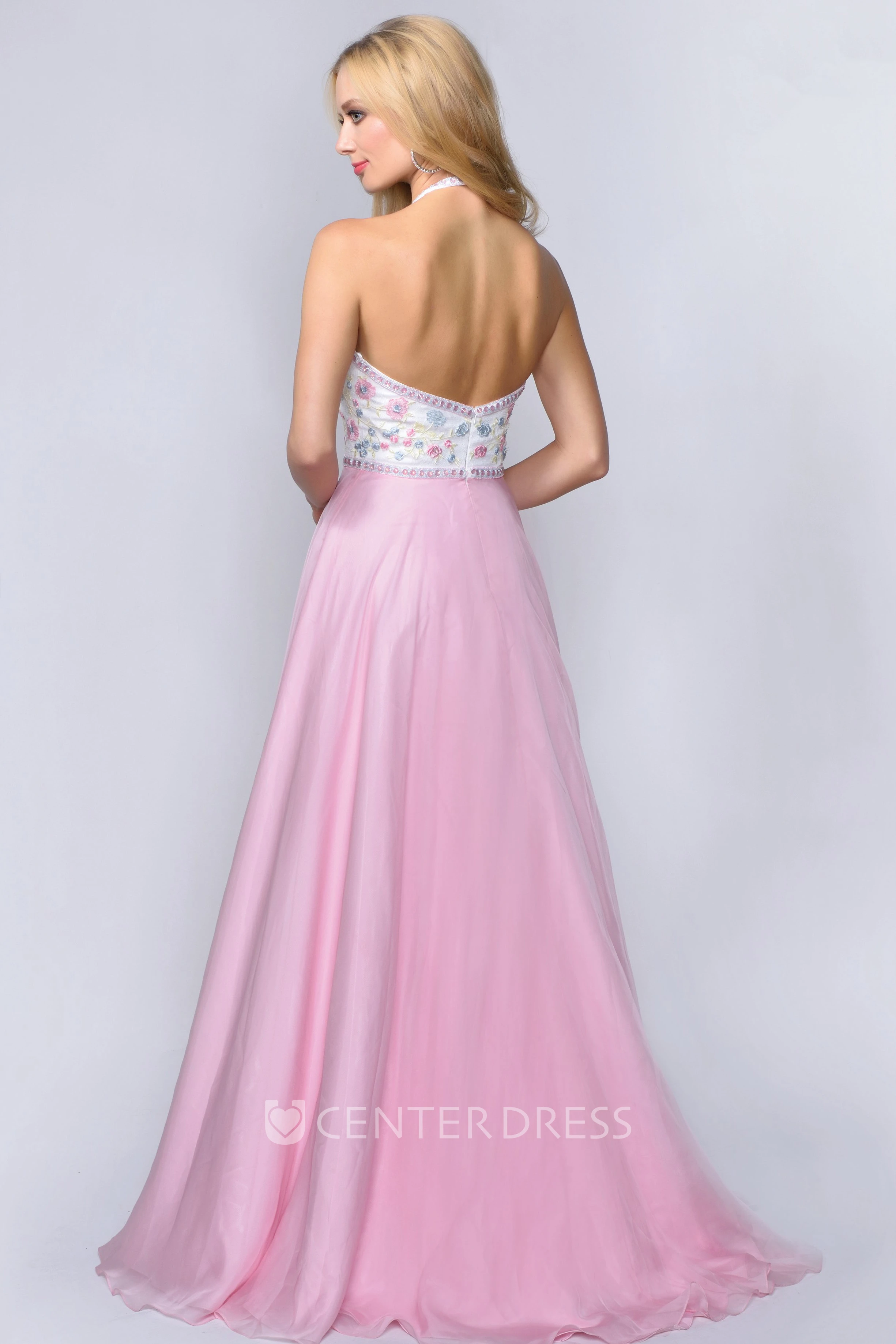 A-Line Maxi Halter Sleeveless Backless Dress With Appliques And Flower