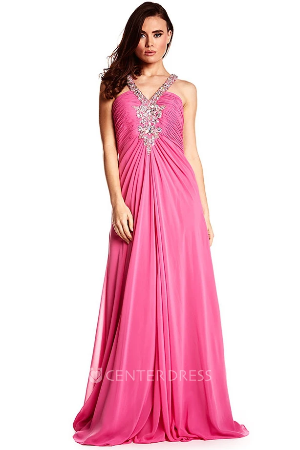 A-Line Sleeveless Ruched Floor-Length Empire Chiffon Prom Dress With Beading