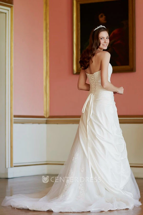 A-Line Strapless Taffeta&Tulle Wedding Dress With Lace Up
