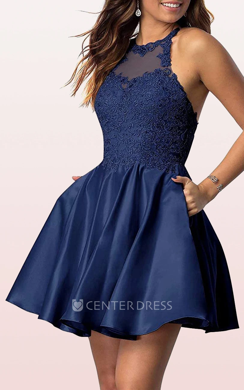 Adorable A Line Satin Lace Jewel Sleeveless Homecoming Dress with Pleats
