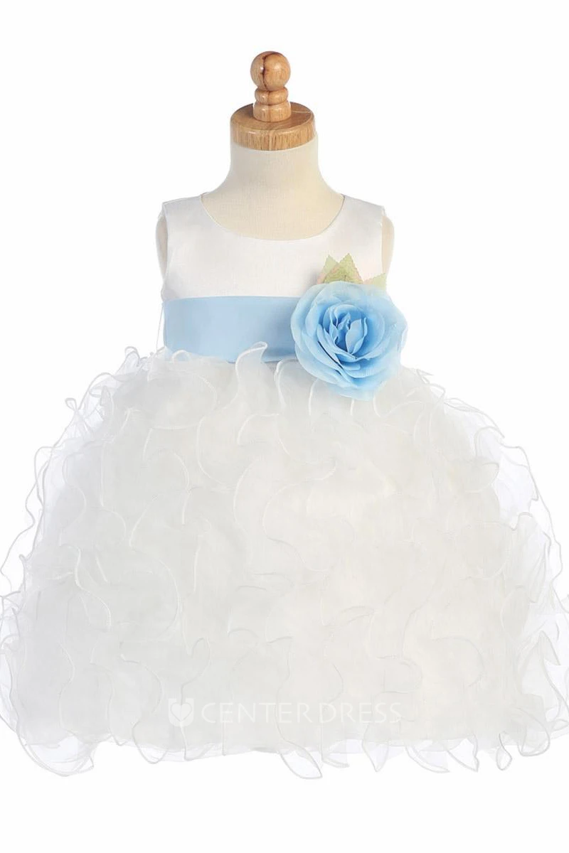Tea-Length Floral Tiered Organza&Satin Flower Girl Dress With Ruffles