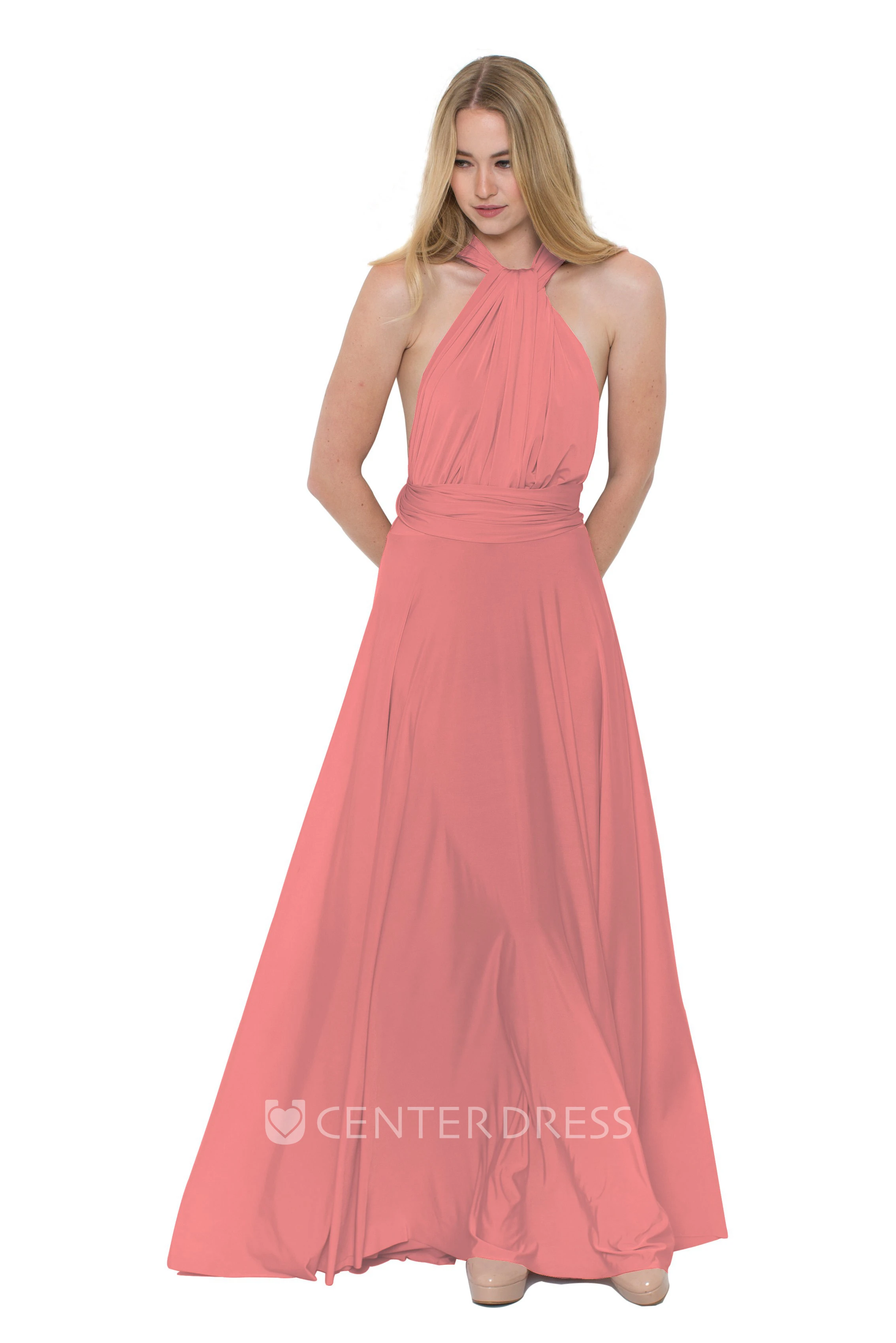 Floor-Length V-Neck Ruched Sleeveless Chiffon Muti-Color Convertible Bridesmaid Dress With Straps