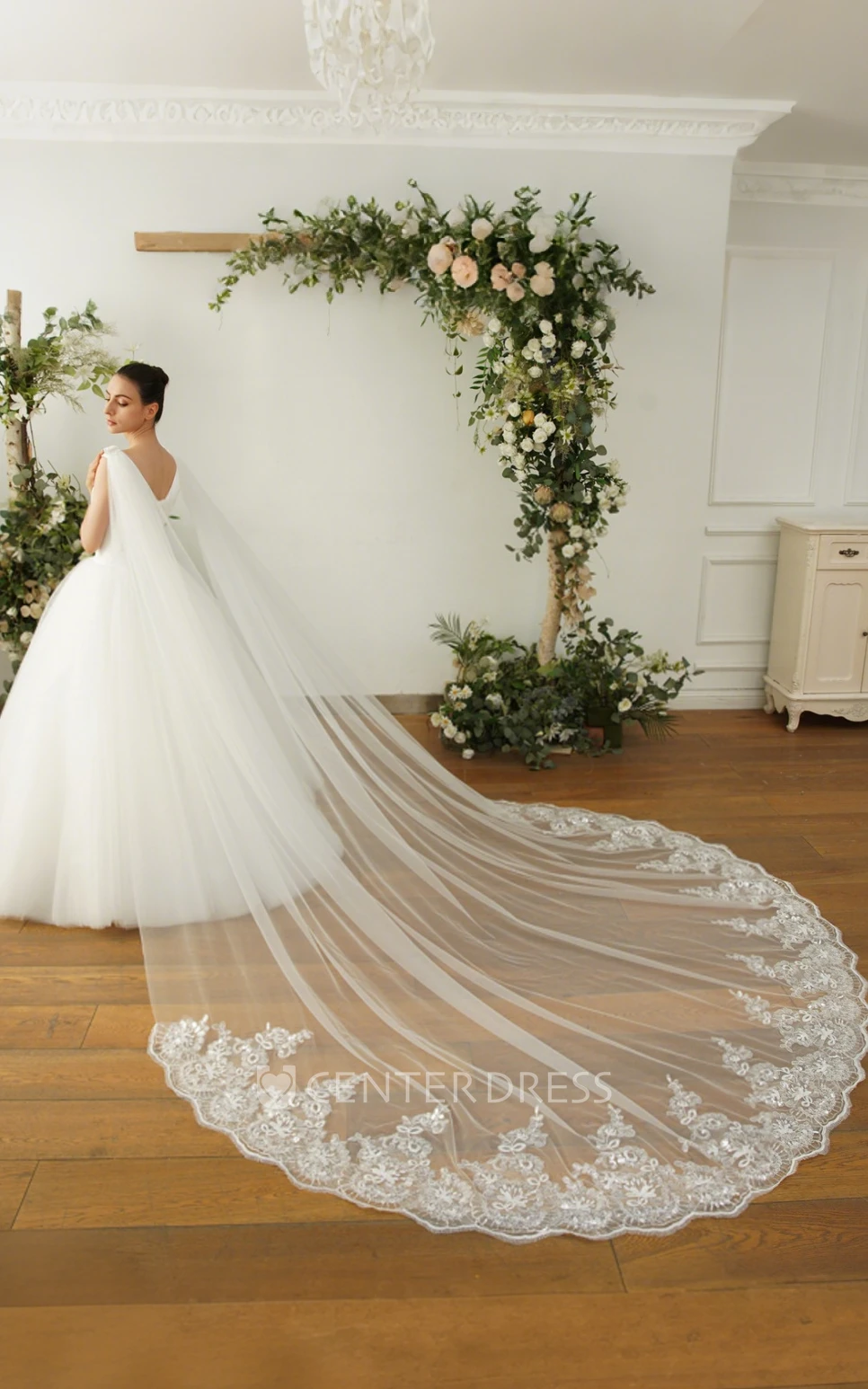 Sparkly Elegant Boho Lace Sequins Tulle Single Tier Cathedral Length WeddingVeils