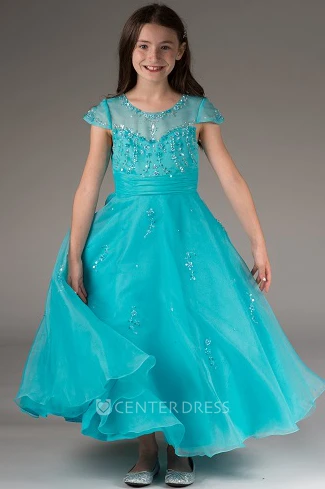 Flower Girl Beading Neck Cap Sleeve Organza Ankle Length Dress With Bandage