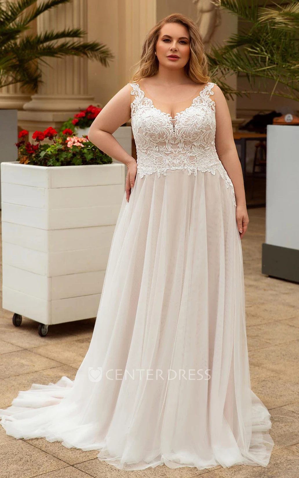 Plus Size A-line Floor-Length Back Hollowed Out With Lining Sleeveless Lace  Tulle Wedding Gown - UCenter Dress