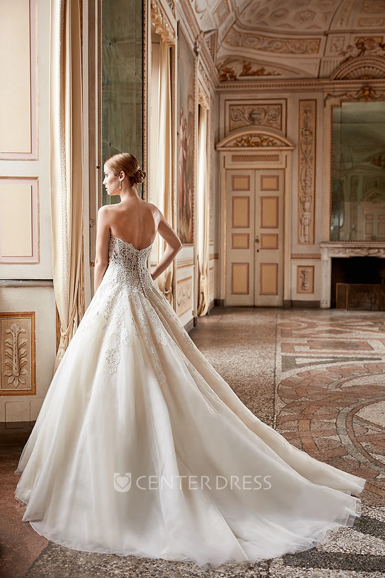 Ball Gown Sweetheart Long Tulle&Lace Wedding Dress With Appliques And V Back