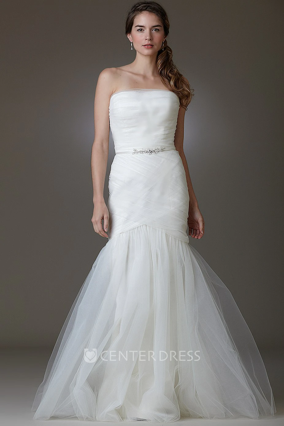 Mermaid Sleeveless Rufflesd Strapless Maxi Tulle Wedding Dress With Waist Jewellery