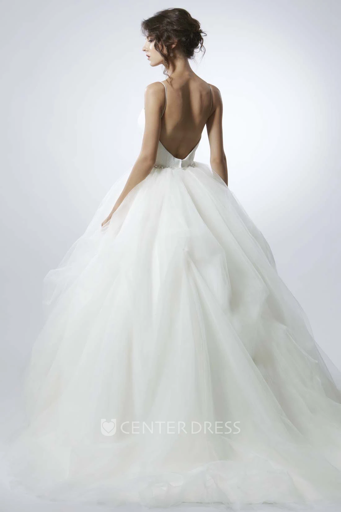 Long Spaghetti Jeweled Tulle Wedding Dress With Sweep Train And V Back