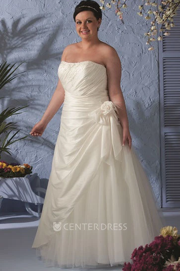 Strapless Lace-up Taffeta Wrapped Bridal Gown With Flower And Tulle Skirt