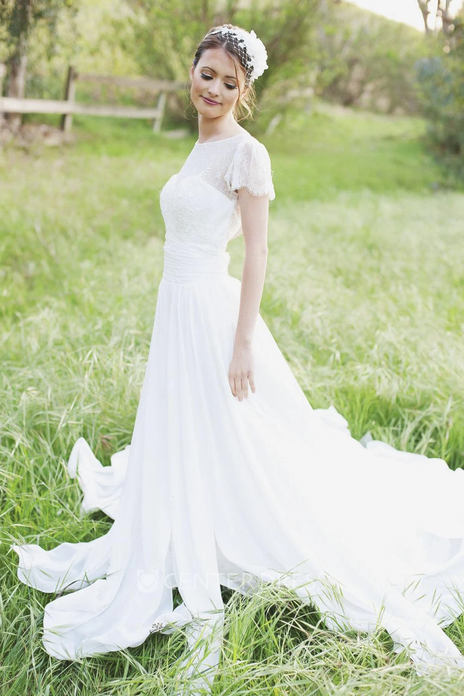Jewel Short Sleeve Long Chiffon Wedding Dress With Sash And Low-V Back