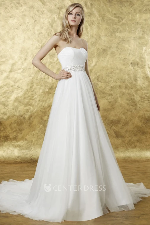 Floor-Length Sweetheart Jeweled Tulle Wedding Dress With Court Train And V Back