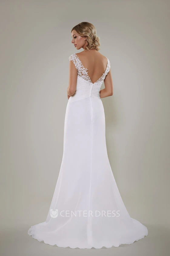 Sheath Floor-Length V-Neck Sleeveless Lace Chiffon Wedding Dress With Criss Cross And Draping