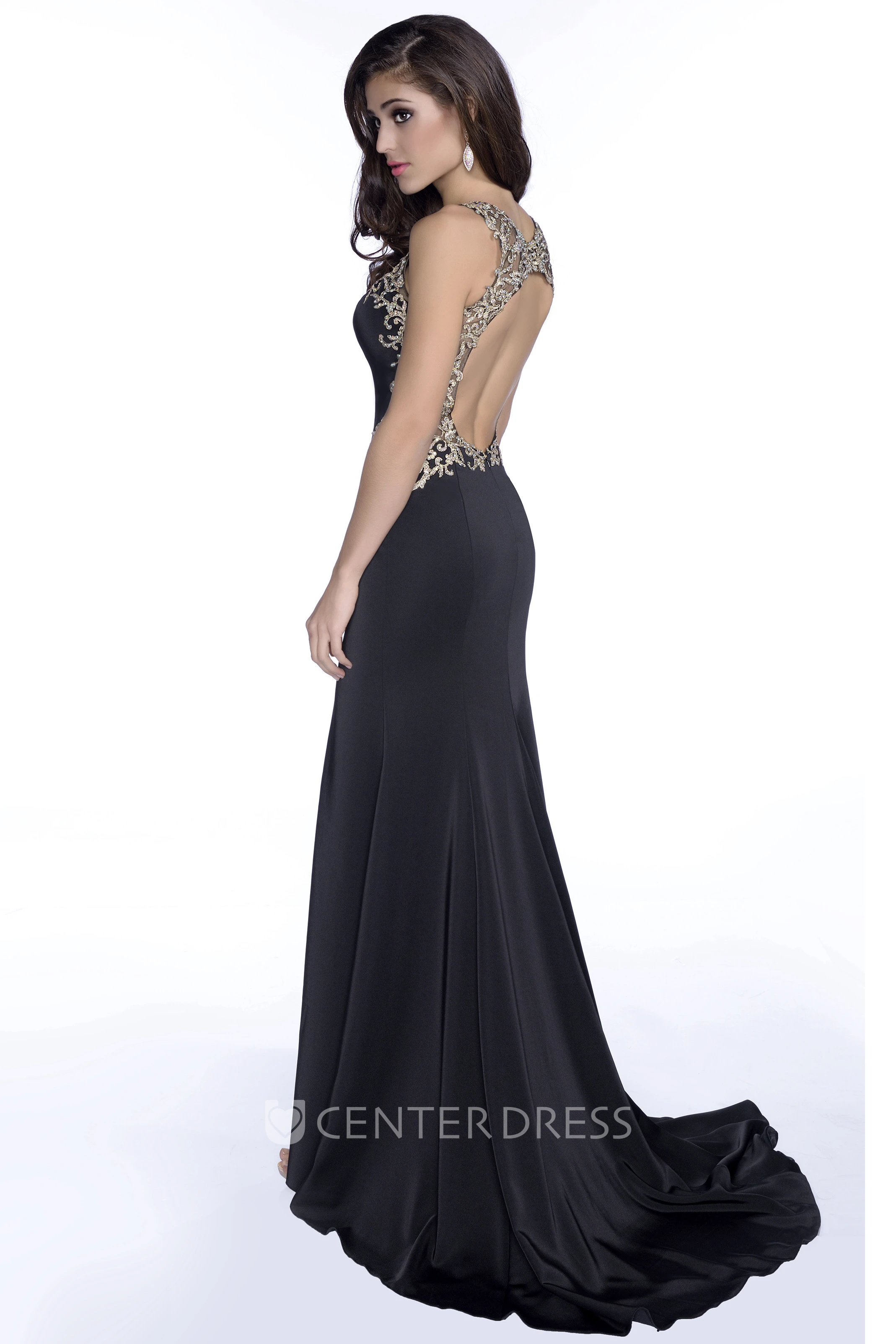Mermaid Jersey Sleeveless Keyhole Back Prom Dress Featuring Rhinestones Appliques