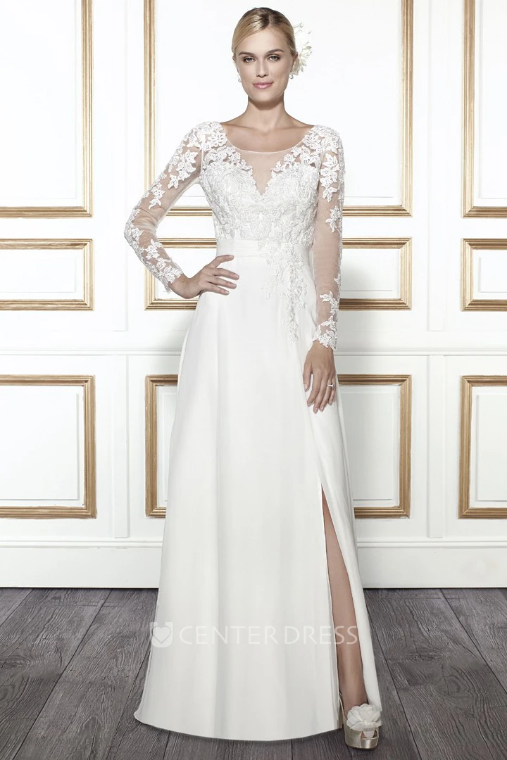 Scoop Floor-Length Long-Sleeve Appliqued Chiffon Wedding Dress