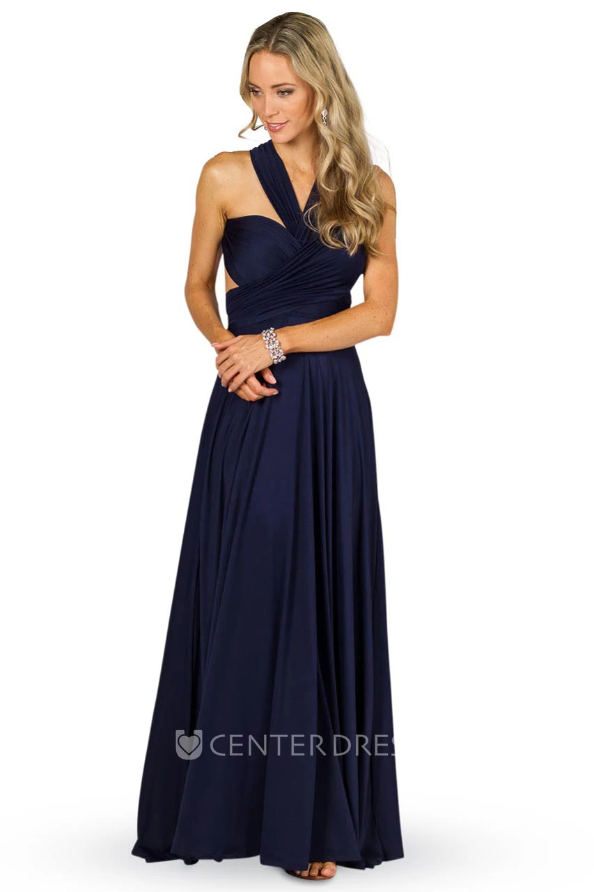 A-Line Haltered Ruched Sleeveless Maxi Chiffon Convertible Bridesmaid Dress